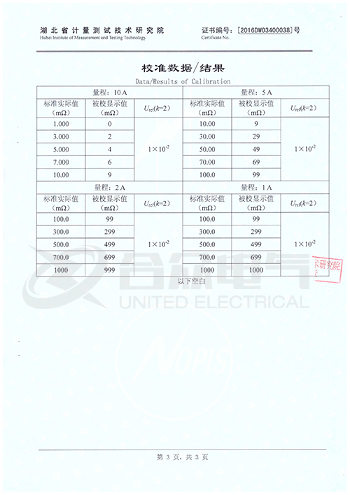 接地引下線(xiàn)導通電阻測試儀證書(shū)